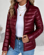 Women's burgundy lightweight puffer jacket with stand collar