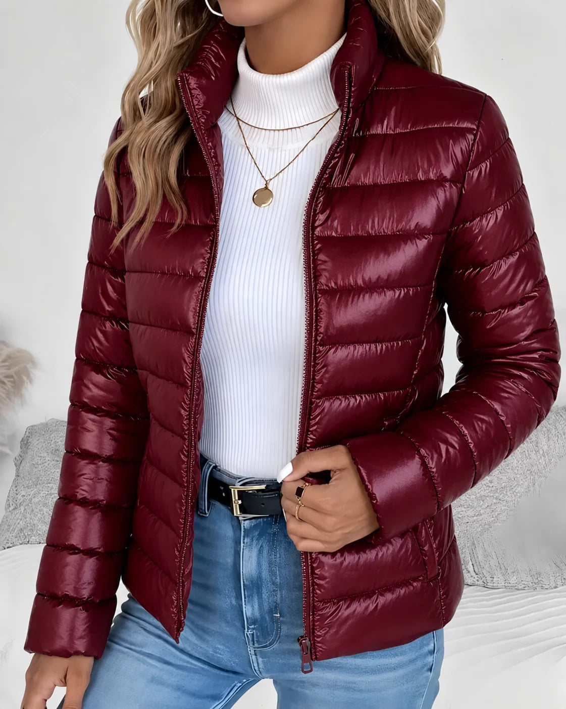 Women's burgundy lightweight puffer jacket with stand collar