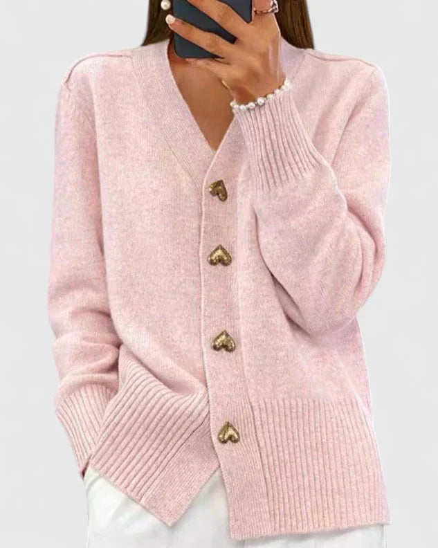 Women's Pink Heart-Button Knitted V-Neck Cardigan