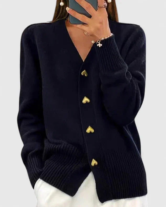 Women's Black Heart-Button Knitted V-Neck Cardigan