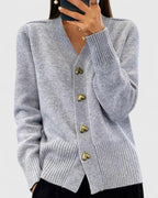 Women's Grey Heart-Button Knitted V-Neck Cardigan