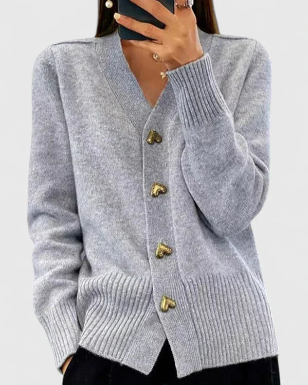 Women's Grey Heart-Button Knitted V-Neck Cardigan