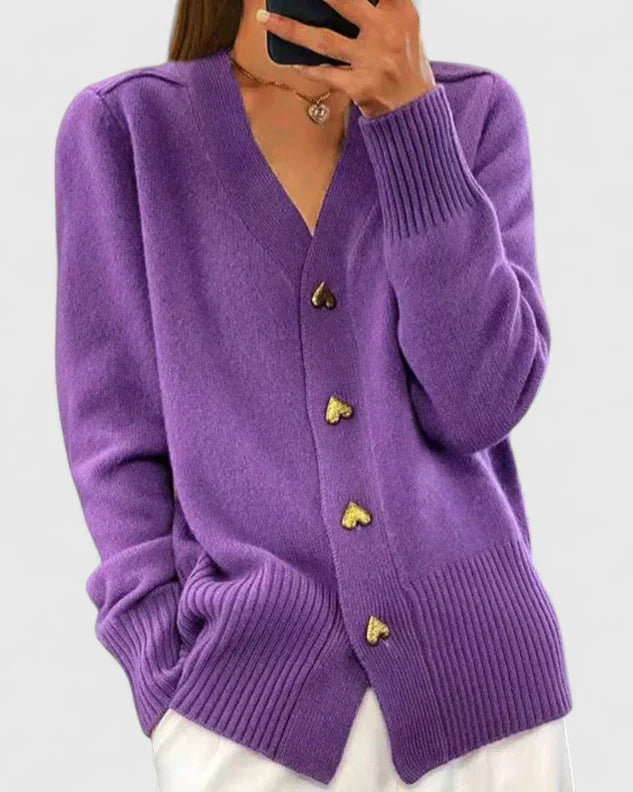 Women's Violet Heart-Button Knitted V-Neck Cardigan