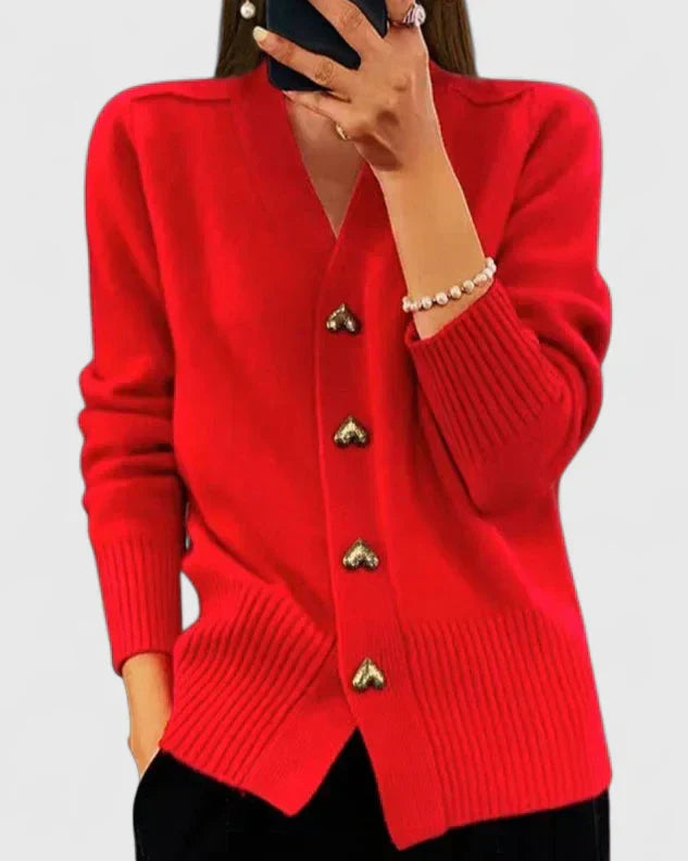 Women's Red Heart-Button Knitted V-Neck Cardigan
