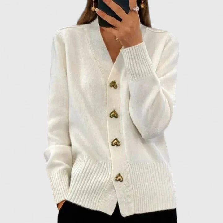 Women's White Heart-Button Knitted V-Neck Cardigan