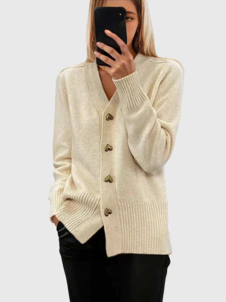 Women's Cream Heart-Button Knitted V-Neck Cardigan