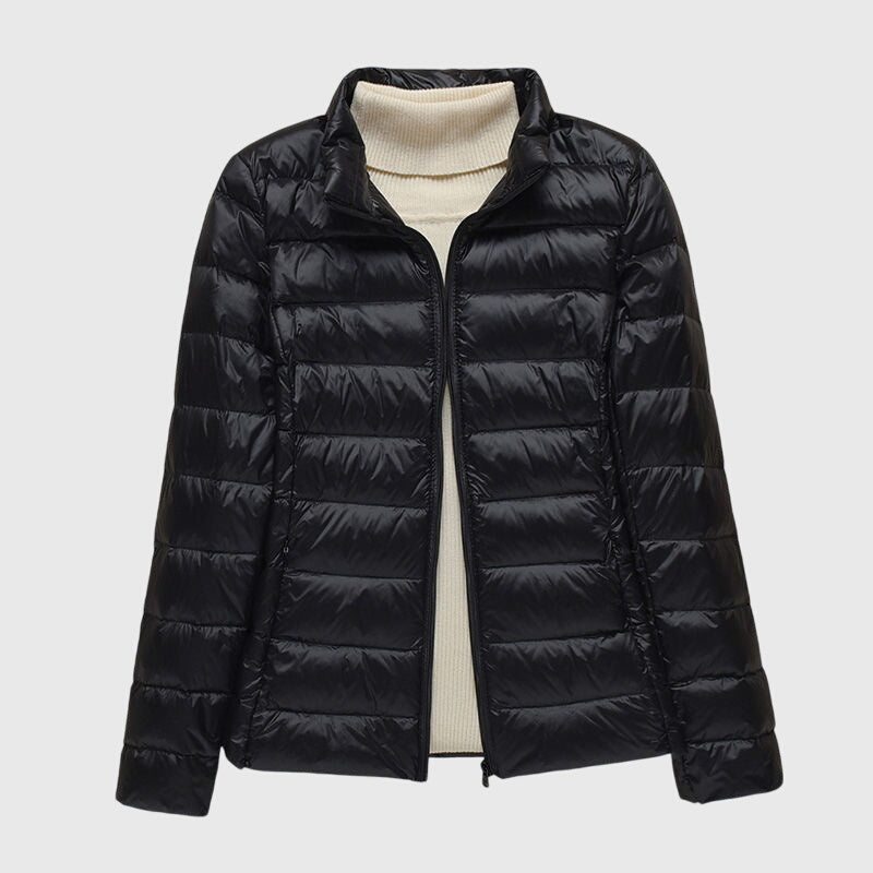 Women's Beige Quilted Jacket with Stand-Up Collar