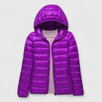 Women's black quilted hooded puffer jacket with a water-resistant finish