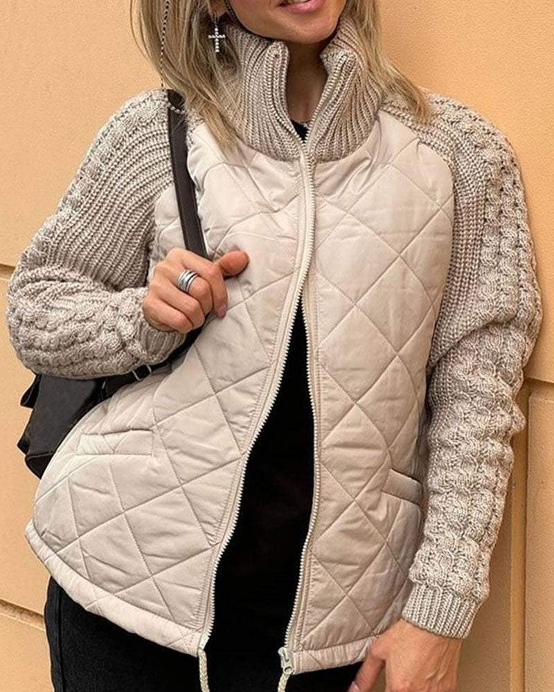 Women's Beige Quilted Autumn Jacket with Cable Knit Sleeves