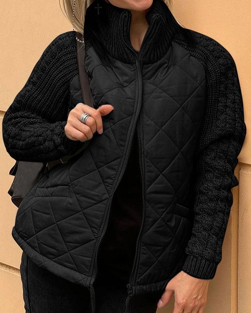Women's Black Quilted Autumn Jacket with Cable Knit Sleeves