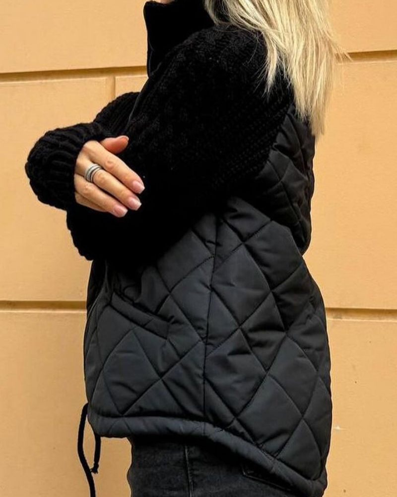 Women's Black Quilted Autumn Jacket with Cable Knit Sleeves