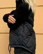 Women's Black Quilted Autumn Jacket with Cable Knit Sleeves