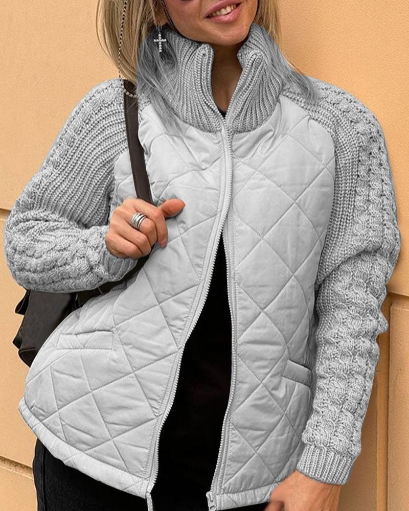 Women's Grey Quilted Autumn Jacket with Cable Knit Sleeves