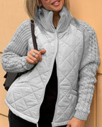 Women's Grey Quilted Autumn Jacket with Cable Knit Sleeves