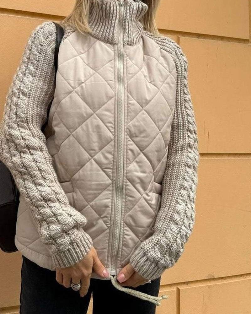 Women's Beige Quilted Autumn Jacket with Cable Knit Sleeves