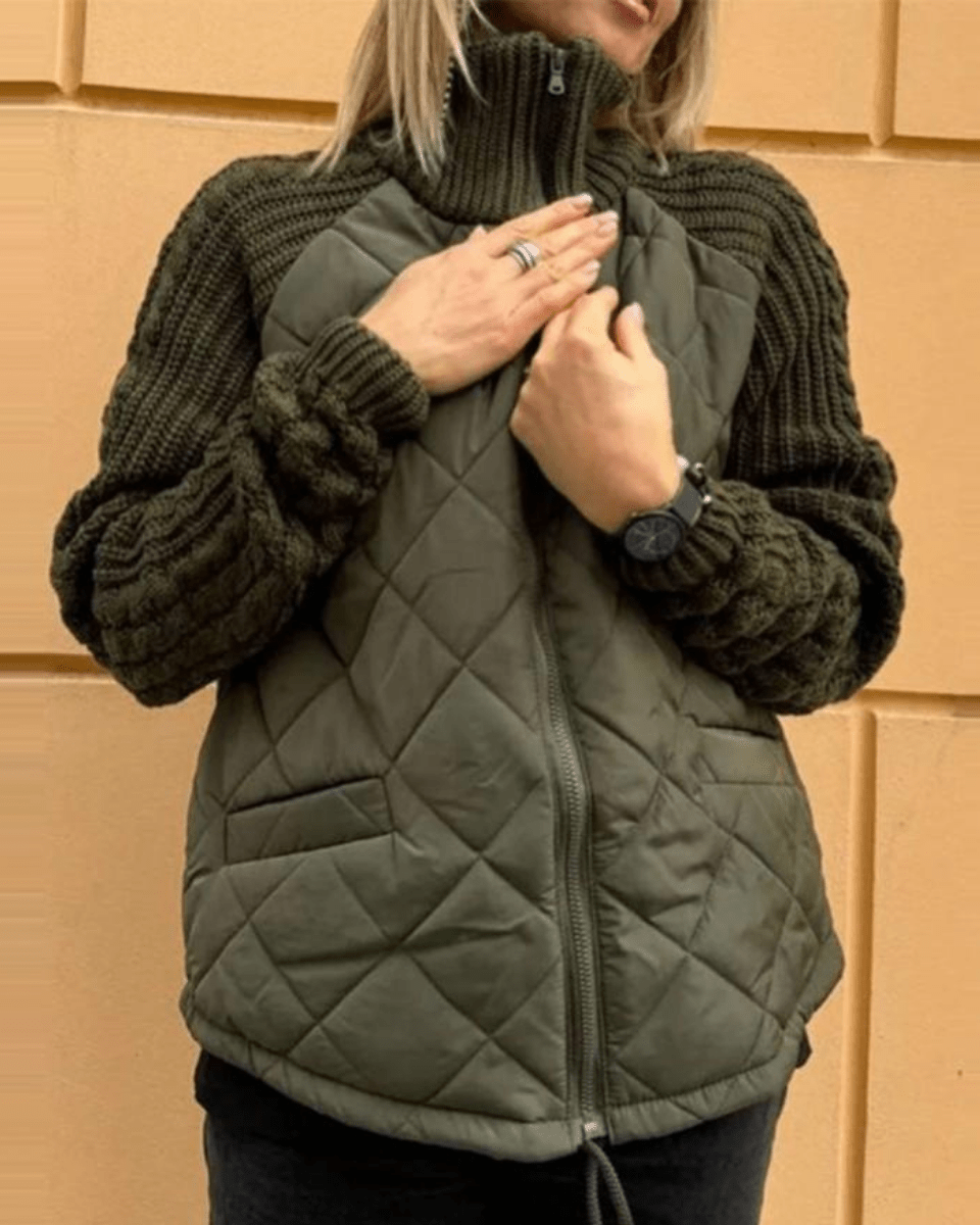 Women's Olive Green Quilted Autumn Jacket with Cable Knit Sleeves