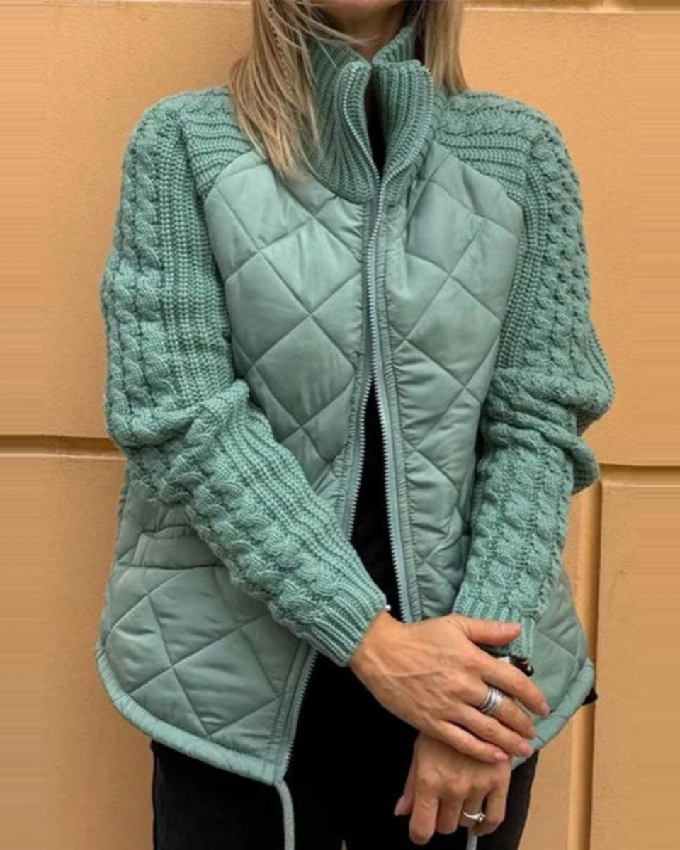 Women's Mint Green Quilted Autumn Jacket with Cable Knit Sleeves