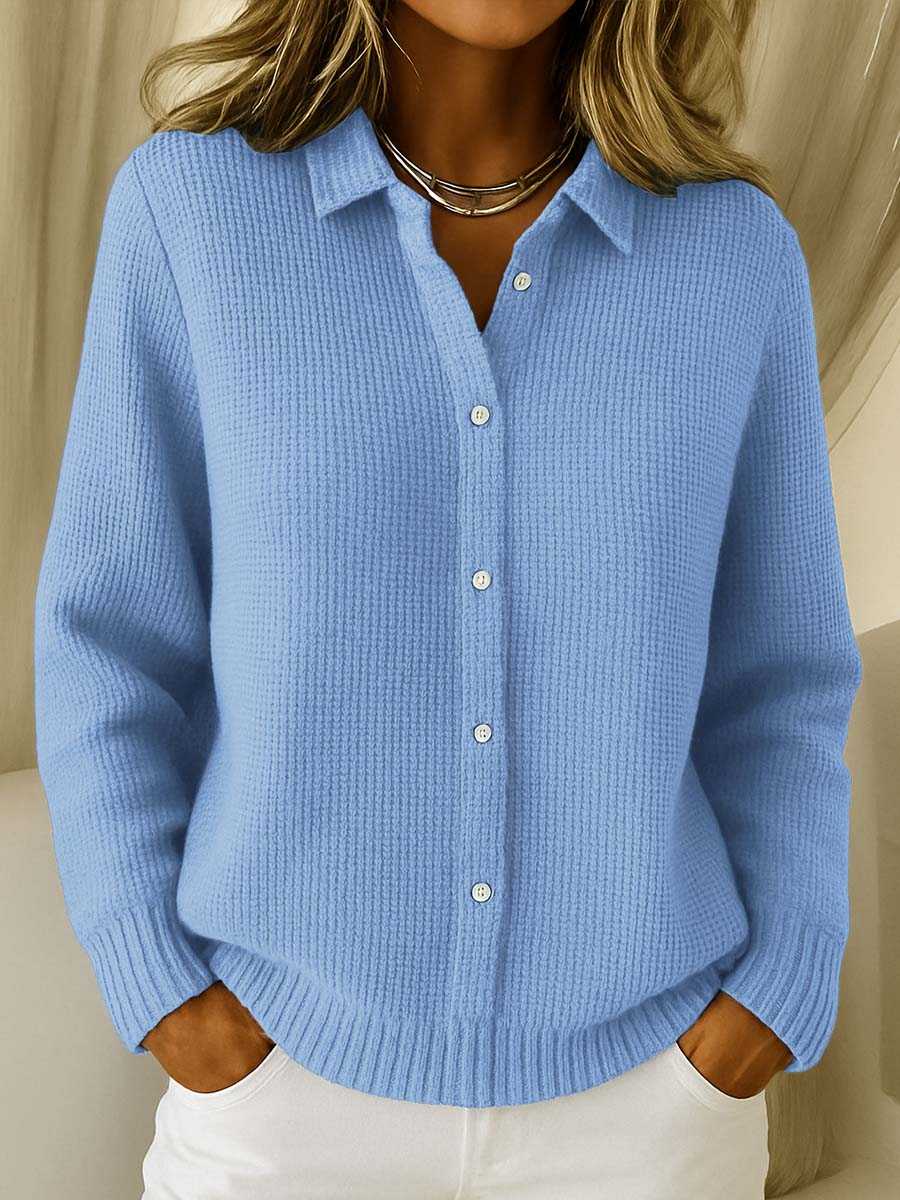 Women's blue collared button-up knit cardigan for autumn