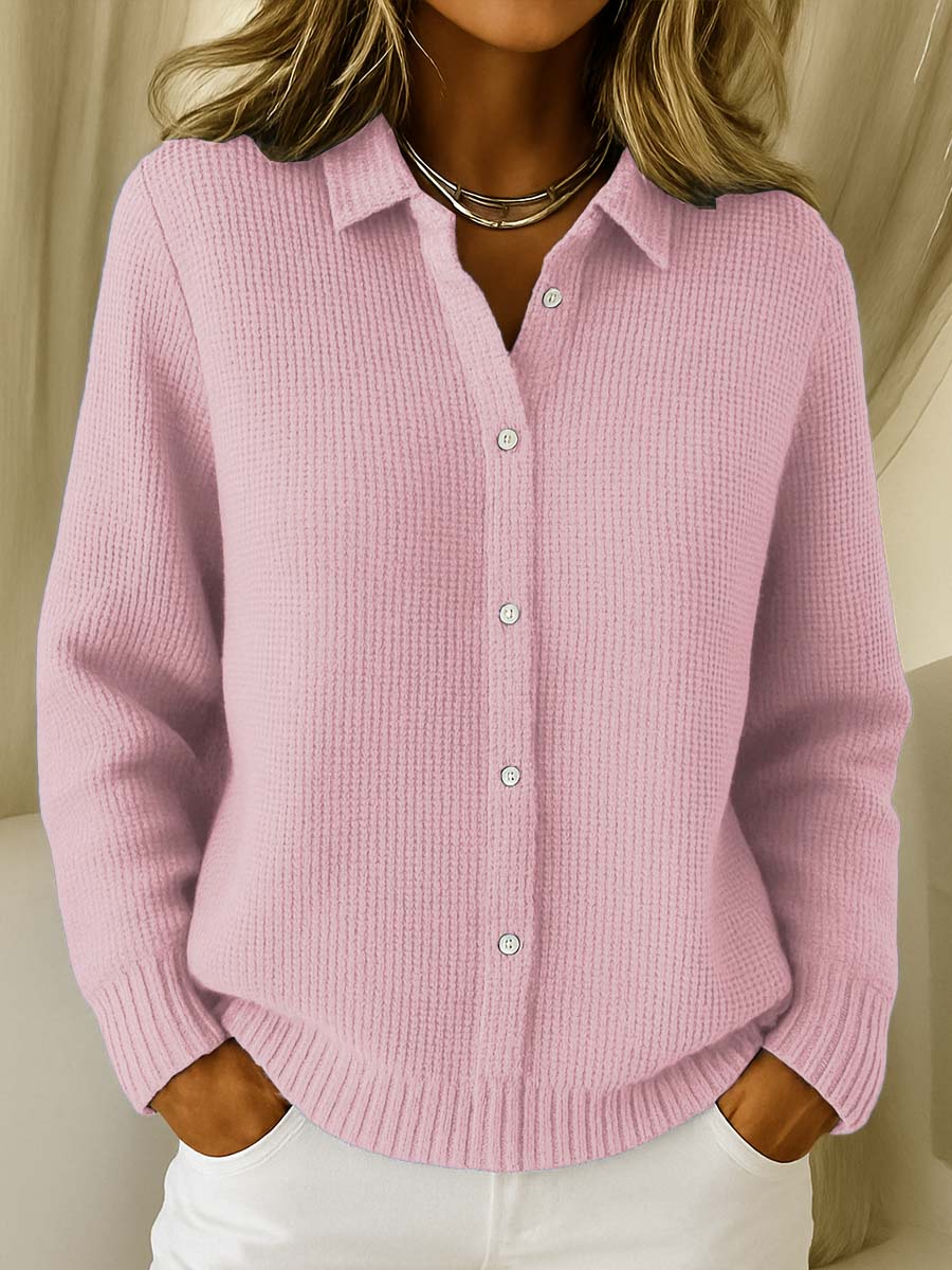 Women's blue collared button-up knit cardigan for autumn