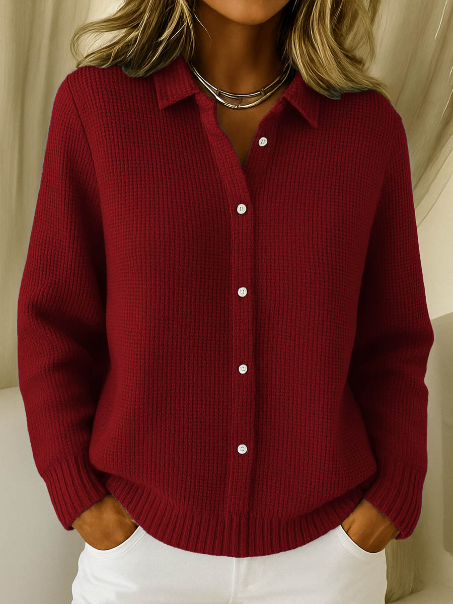 Women's blue collared button-up knit cardigan for autumn