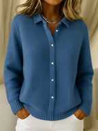 Women's blue collared button-up knit cardigan for autumn