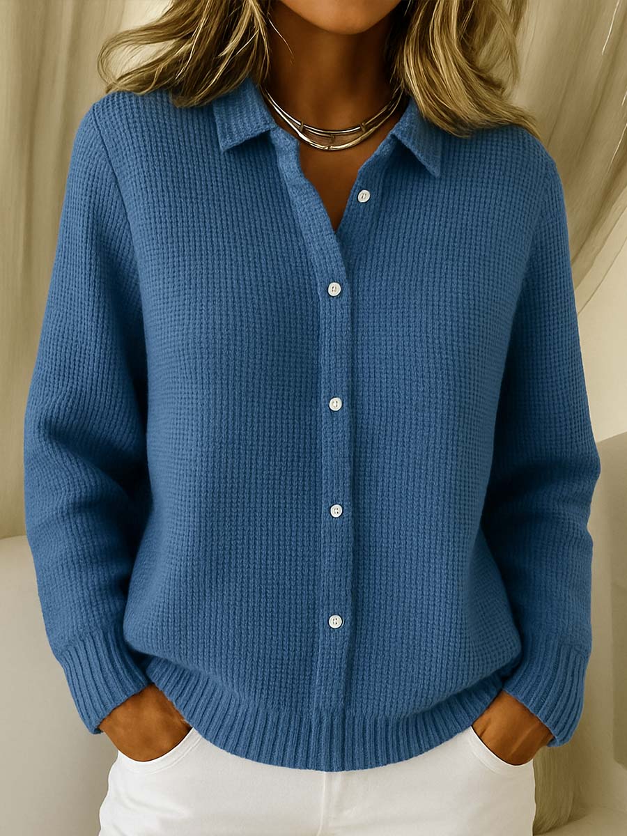 Women's blue collared button-up knit cardigan for autumn
