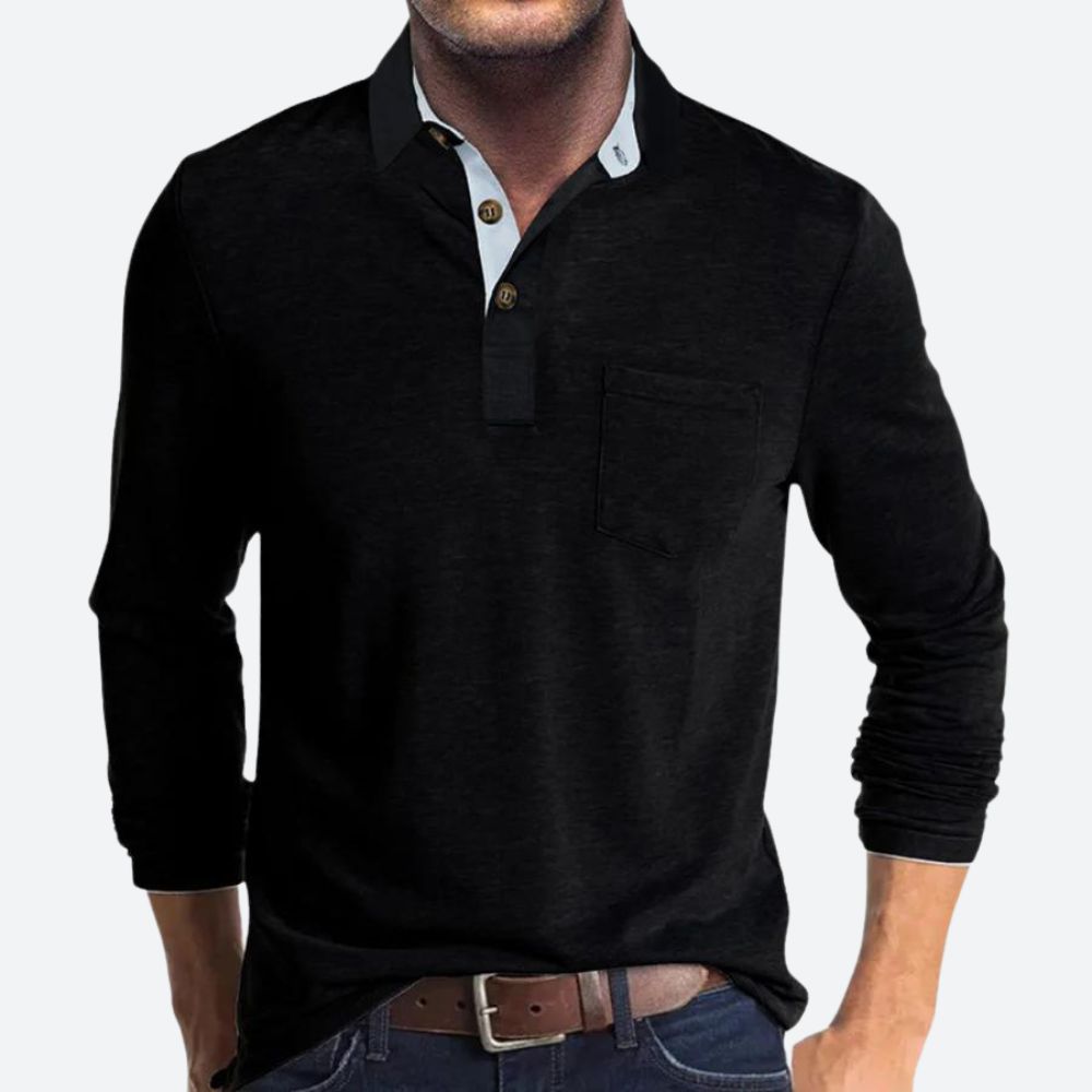 Men's black cotton polo shirt with classic collar for autumn
