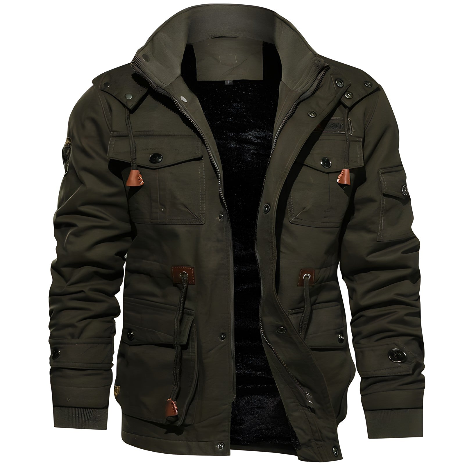 Men's dark green hooded waterproof field jacket with fleece lining