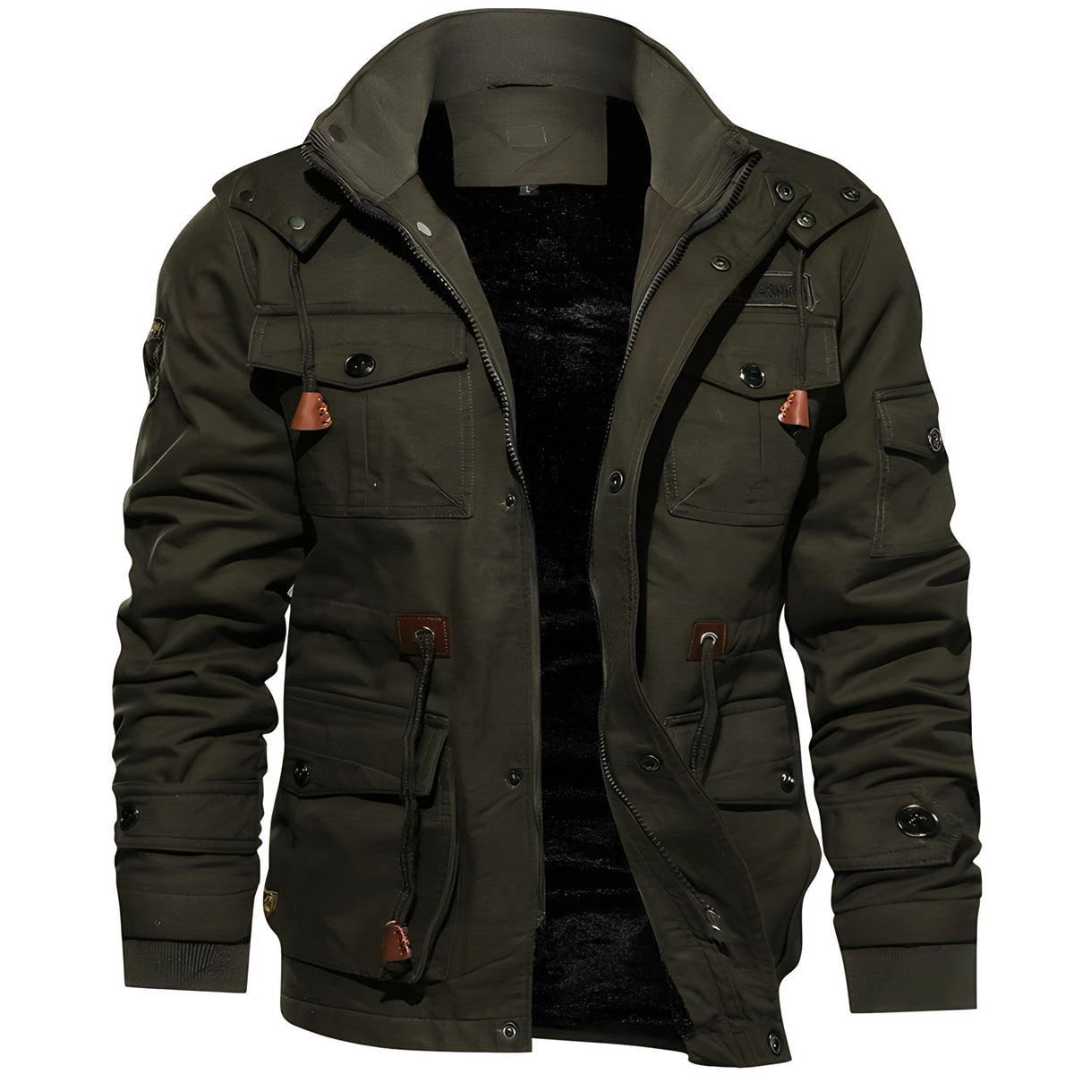 Men's dark green hooded waterproof field jacket with fleece lining