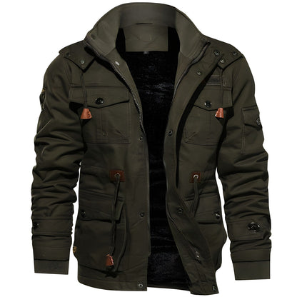 Men's dark green hooded waterproof field jacket with fleece lining
