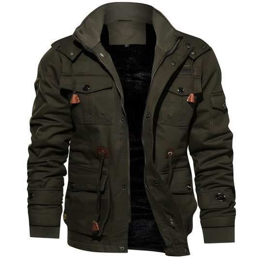 Men's dark green hooded waterproof field jacket with fleece lining