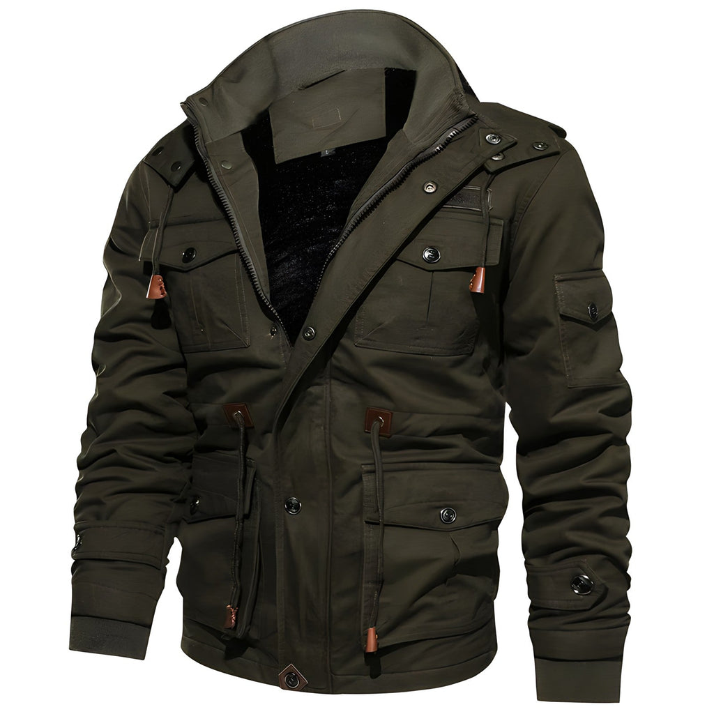 Men's dark green hooded waterproof field jacket with fleece lining