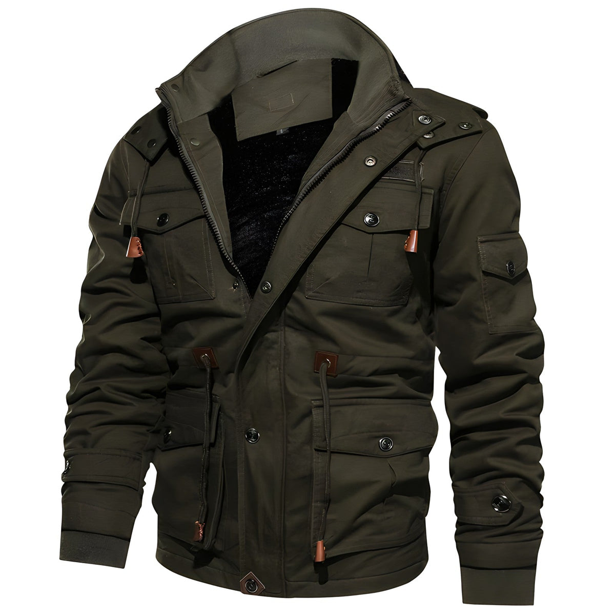 Men's dark green hooded waterproof field jacket with fleece lining