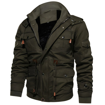 Men's dark green hooded waterproof field jacket with fleece lining
