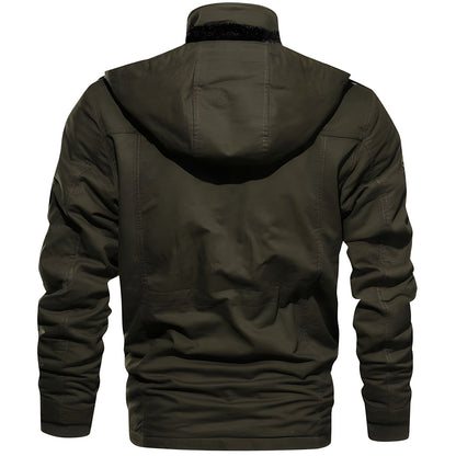 Men's dark green hooded waterproof field jacket with fleece lining