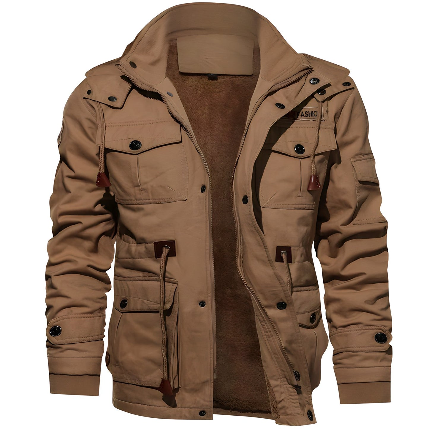 Men's dark green hooded waterproof field jacket with fleece lining