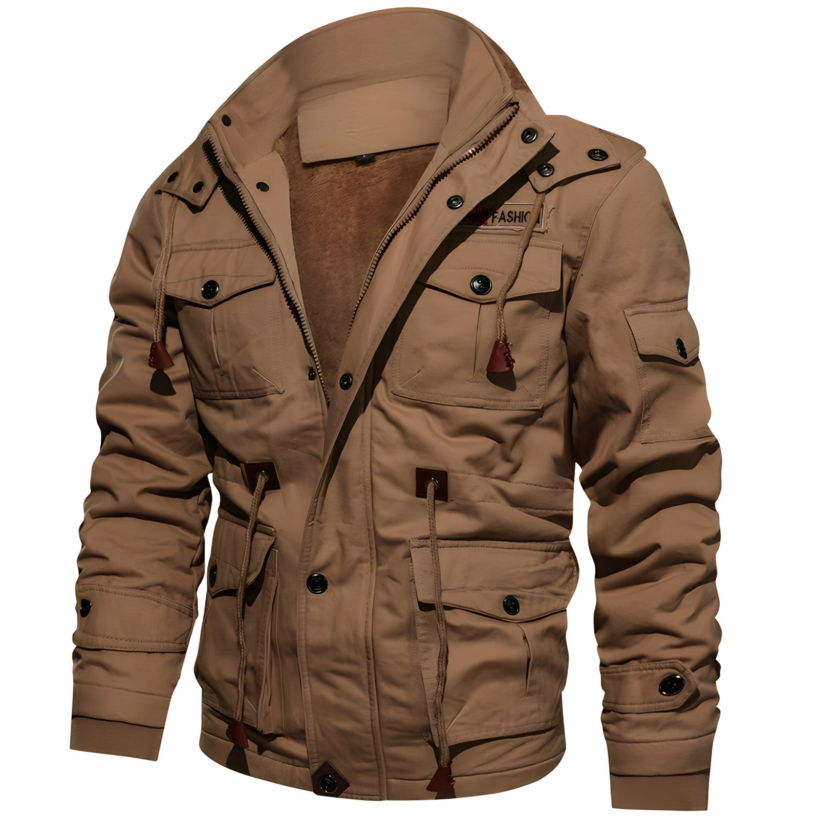 Men's dark green hooded waterproof field jacket with fleece lining