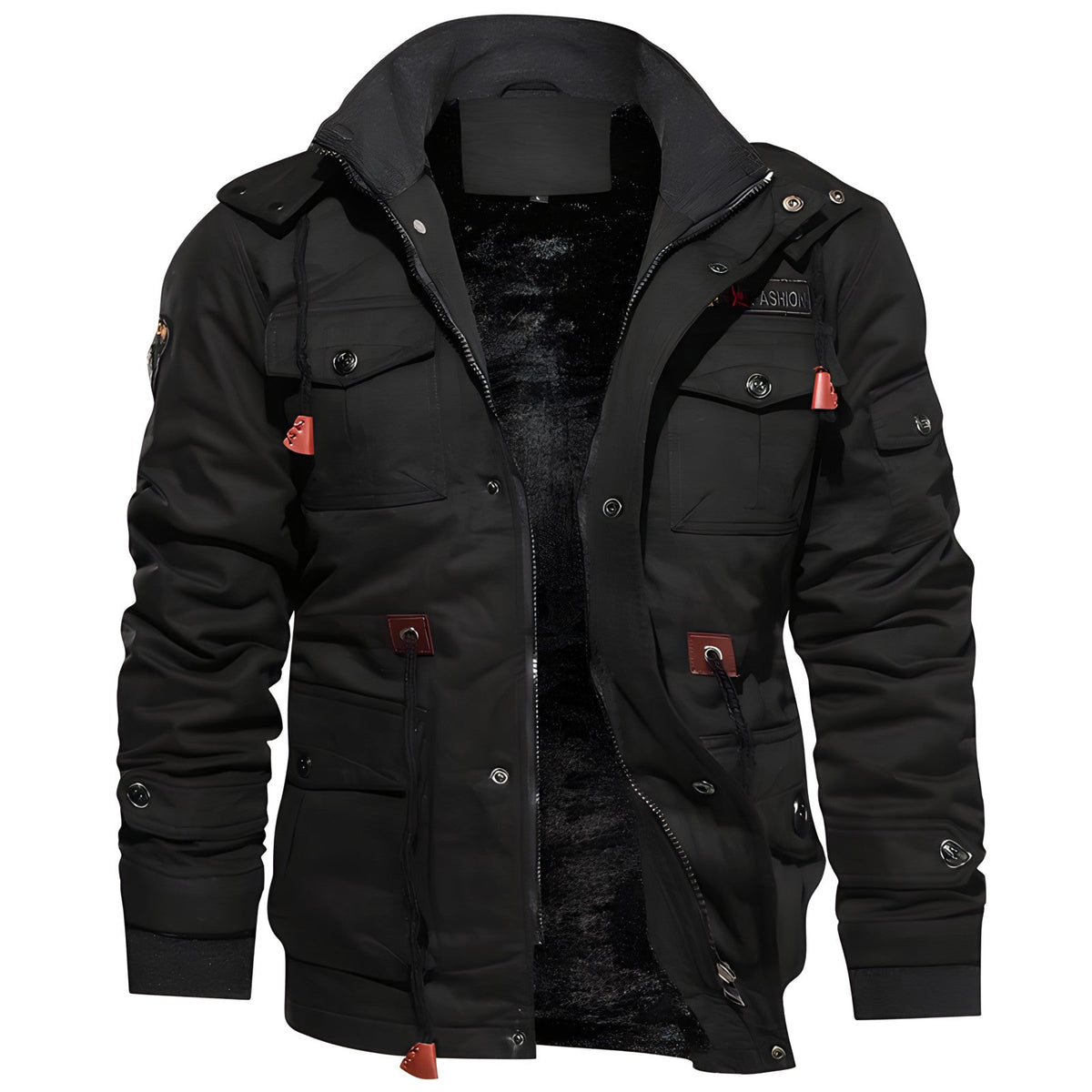 Men's dark green hooded waterproof field jacket with fleece lining