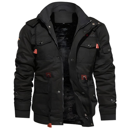 Men's dark green hooded waterproof field jacket with fleece lining