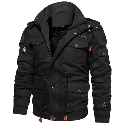 Men's dark green hooded waterproof field jacket with fleece lining