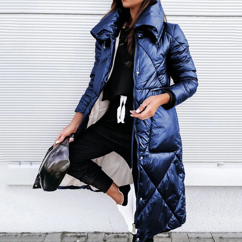 Women's navy long quilted puffer jacket