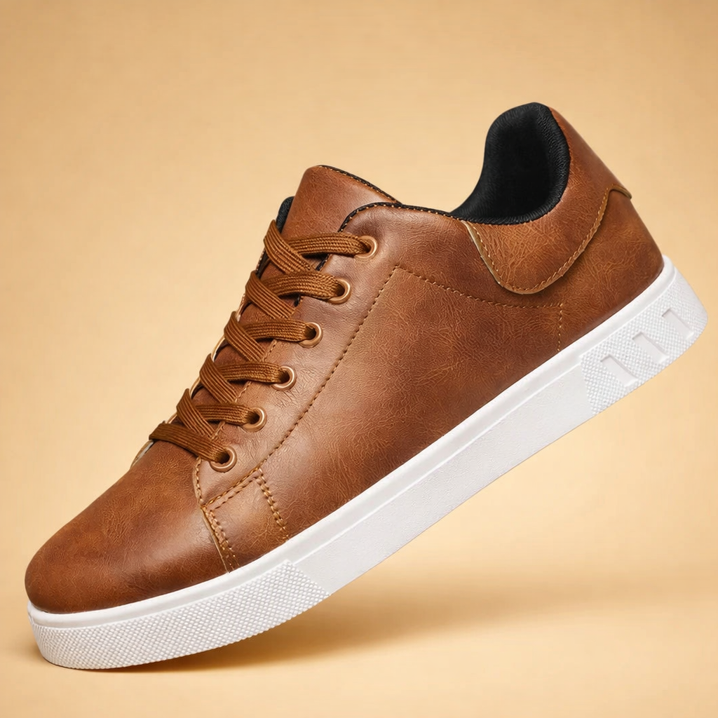 White men's classic low-top trainers with a leather-look finish