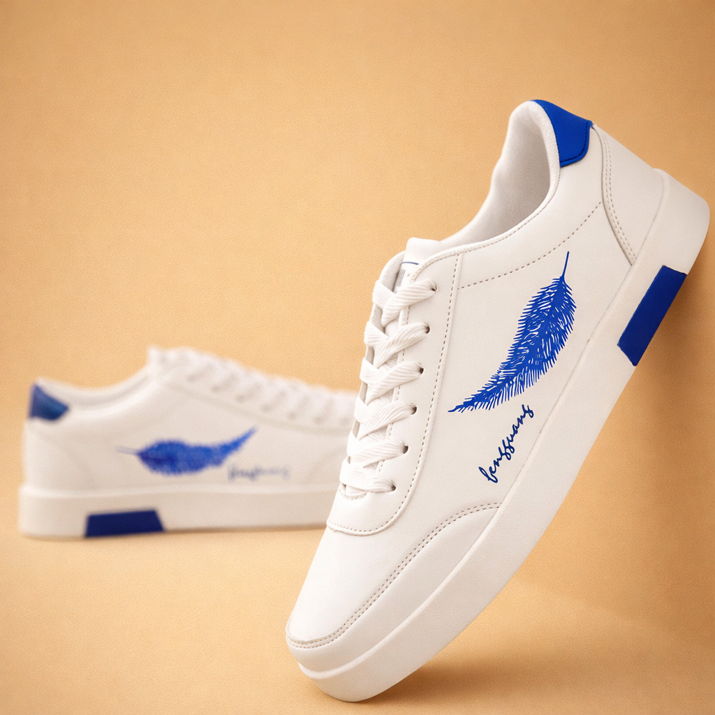 White men's classic low-top trainers with a leather-look finish
