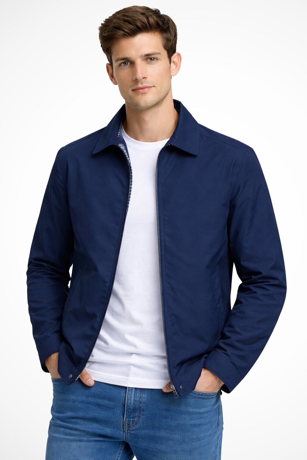 Men's blue check lining harrington jacket for autumn