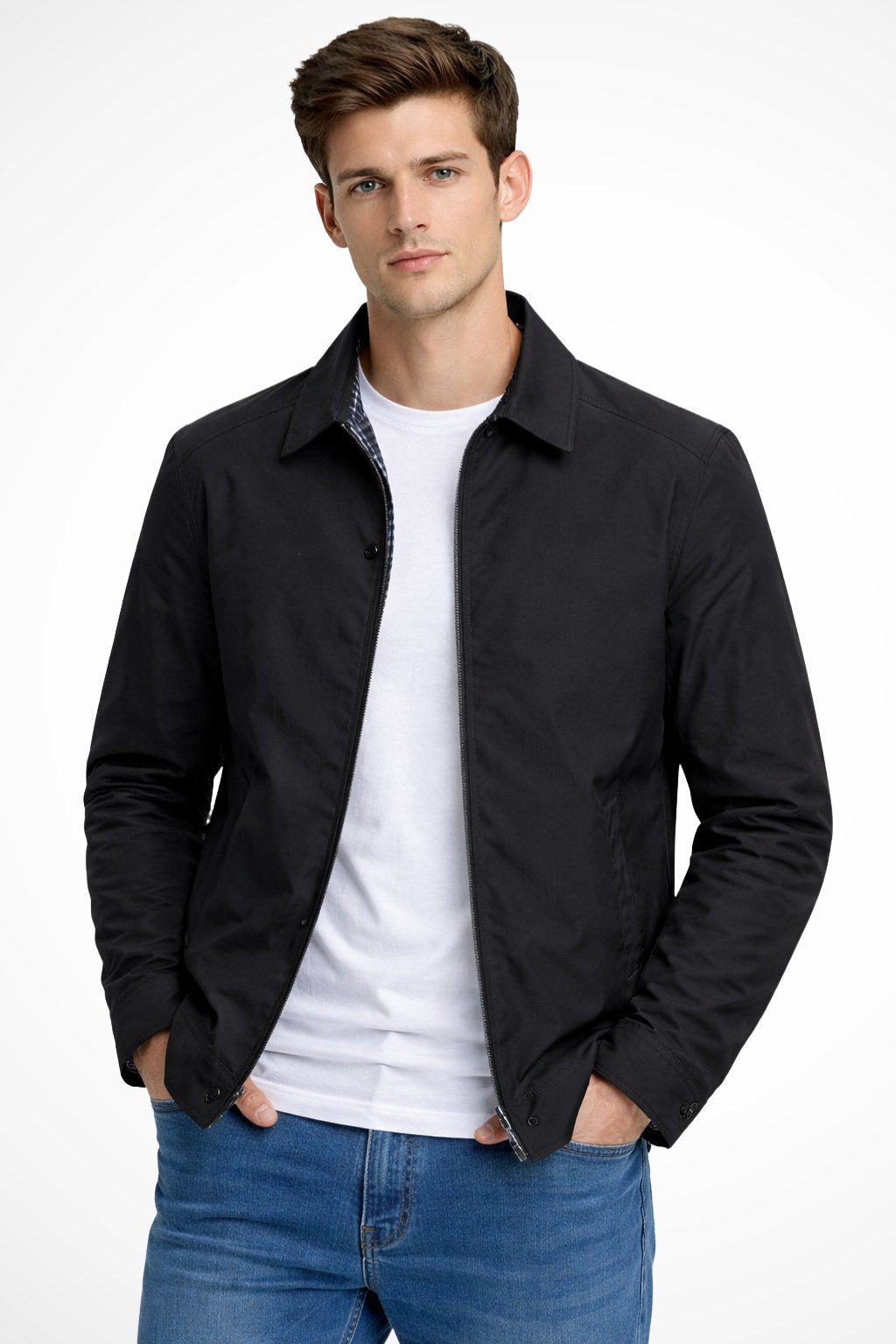 Men's blue check lining harrington jacket for autumn