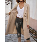 Tailored long coat with a notch lapel and front button fastening, product still life