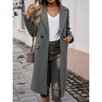 Tailored long coat with a notch lapel and front button fastening, product still life