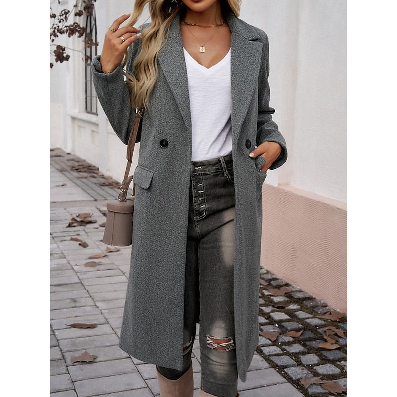 Tailored long coat with a notch lapel and front button fastening, product still life