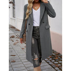 Tailored long coat with a notch lapel and front button fastening, product still life