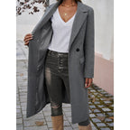 Tailored long coat with a notch lapel and front button fastening, product still life